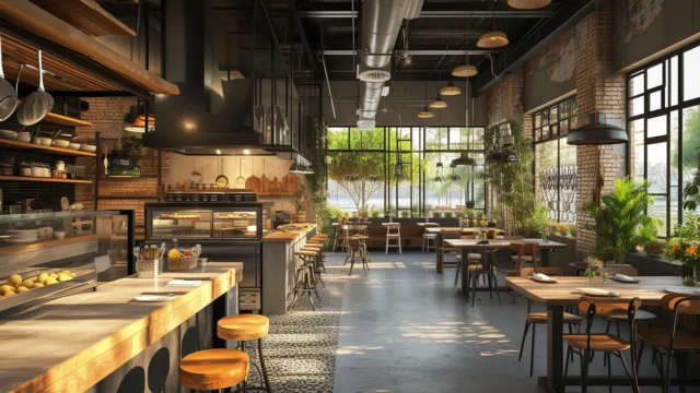 Wnętrze nowoczesnej restauracji z drewnianymi stołami i dużymi oknami