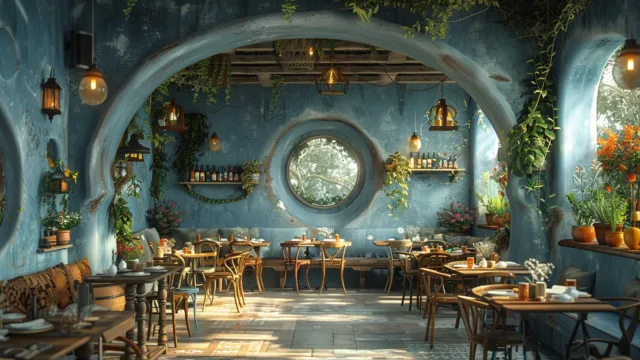 Wnętrze restauracji w odcieniach turkusu z okrągłym oknem