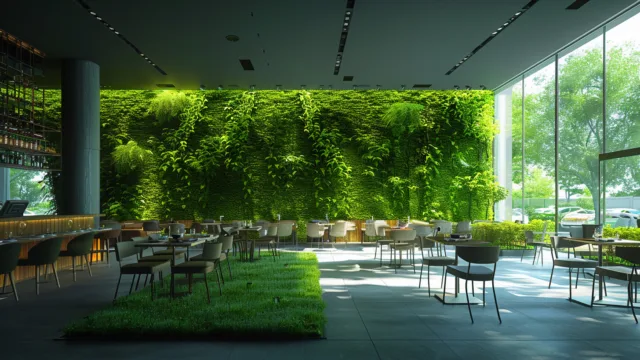Restauracja z zieloną ścianą roślin i dużymi przeszkleniami