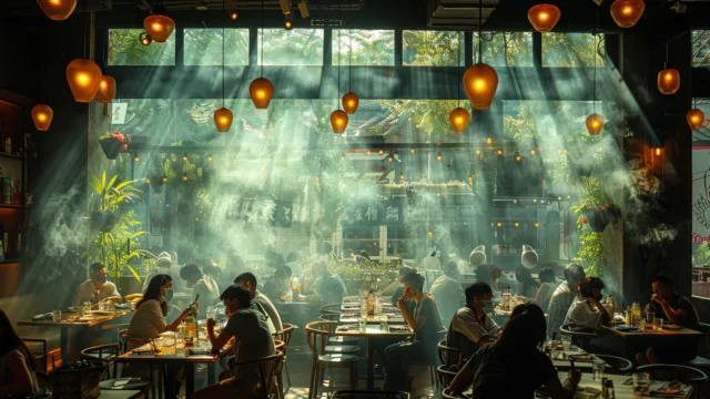 Wnętrze restauracji z roślinami i lampami, goście przy stolikach