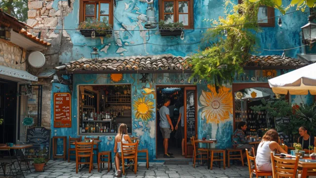Kolorowa fasada restauracji z ogródkiem i stolikami