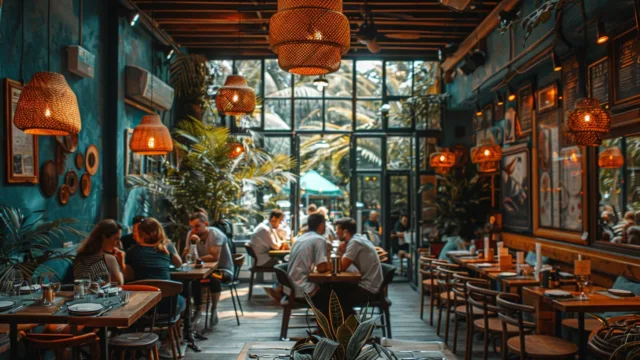 Kolorowe wnętrze restauracji z lampami i roślinami