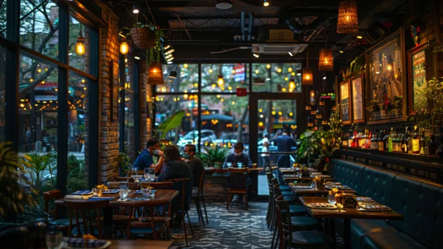 Wnętrze restauracji z dużymi oknami i zielenią