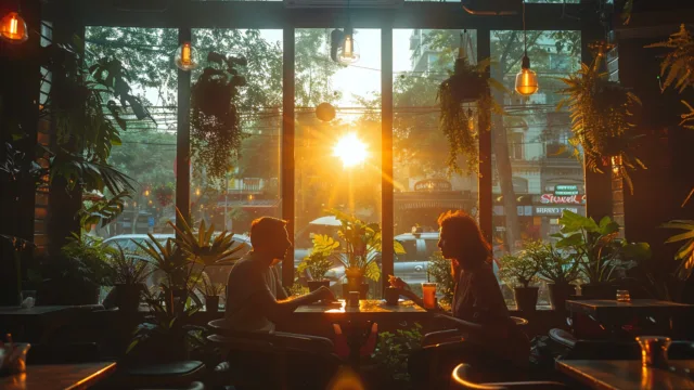 Para przy stoliku w restauracji o zachodzie słońca