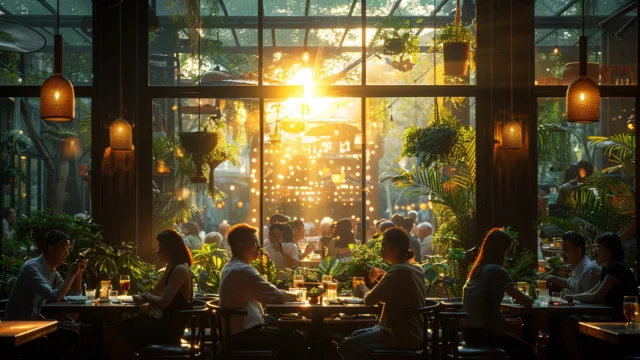 Restauracja w promieniach zachodzącego słońca, goście przy stolikach