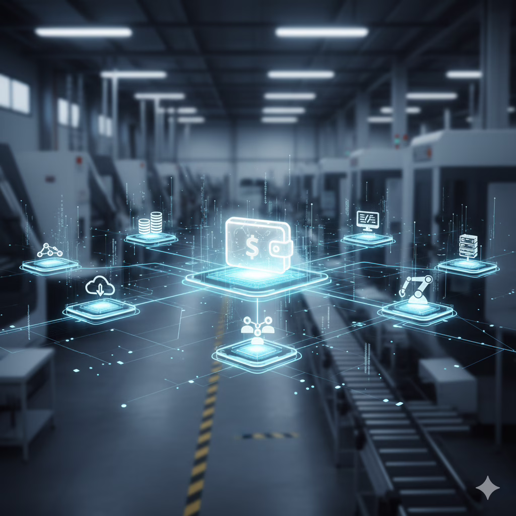 Wizualizacja kosztów kwalifikowanych w przemyśle, połączone ikony finansów i technologii