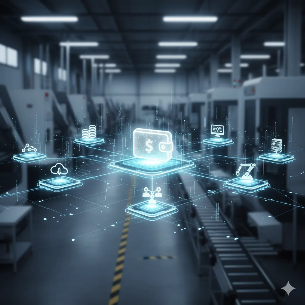 Wizualizacja kosztów kwalifikowanych w przemyśle, połączone ikony finansów i technologii