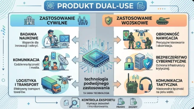 Infografika: produkt podwójnego zastosowania (Dual-Use) — zastosowania cywilne i wojskowe